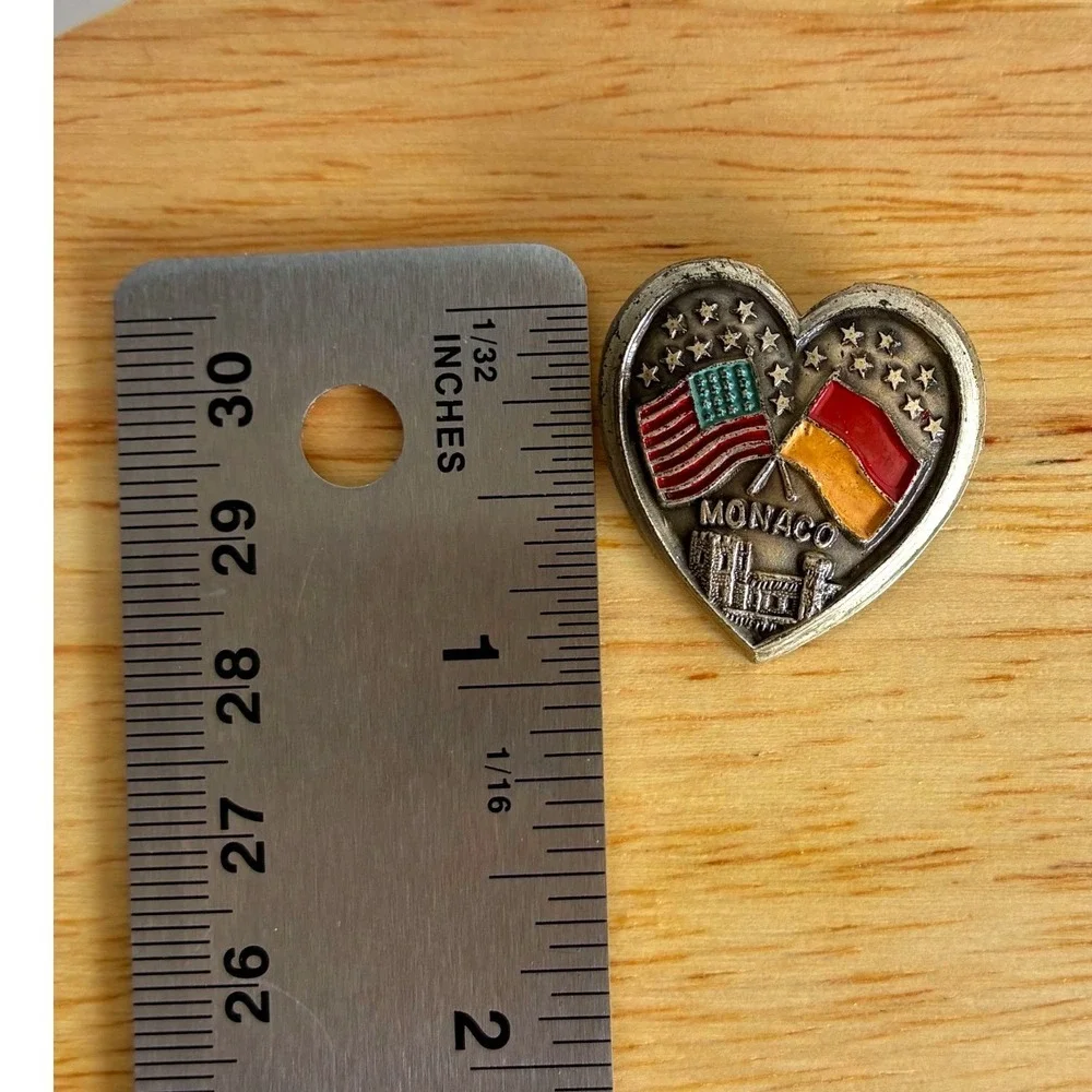 Vintage A. Augis Lyon Monaco USA Flag Heart Pin Enamel Lapel Badge Collectible